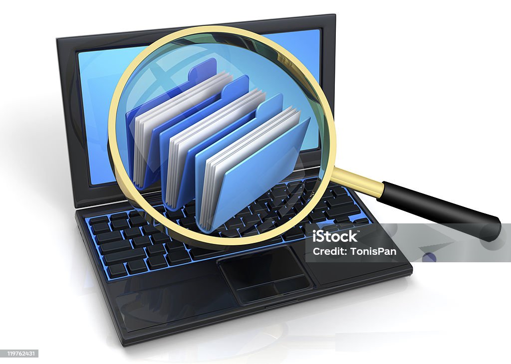 Folders on laptop viewed through magnifying glass 3D rendered illustration of magnifier, aiming and focusing on an archives icon, floating over a laptop screen File Folder Stock Photo