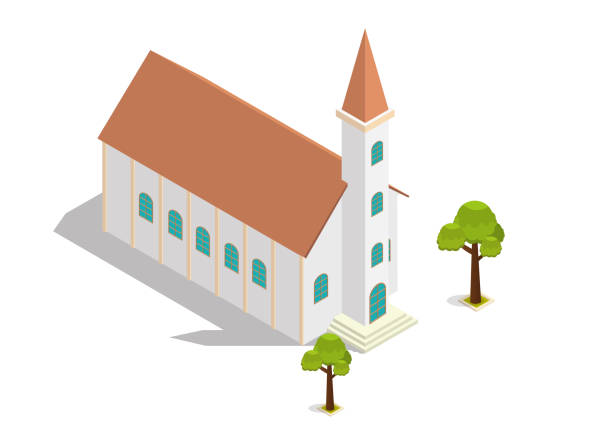 ilustrações, clipart, desenhos animados e ícones de edifício isométrico da igreja do vetor - church steeple vector christianity