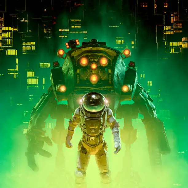 3D illustration of retro pulp science fiction scene showing astronaut and giant mech robot in futuristic city
