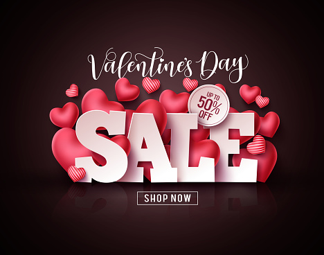 Valentines day sale vector banner. Valentines day discount 3D text with hearts elements in black background. Vector illustration.