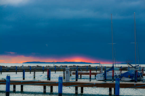 Sunset at the port of sailing boats in Balatonkenese in winter