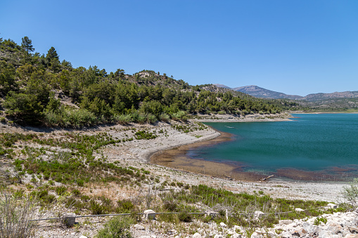 Panoramic view dammed lake Limni Apolakkias at Greek island Rhodes