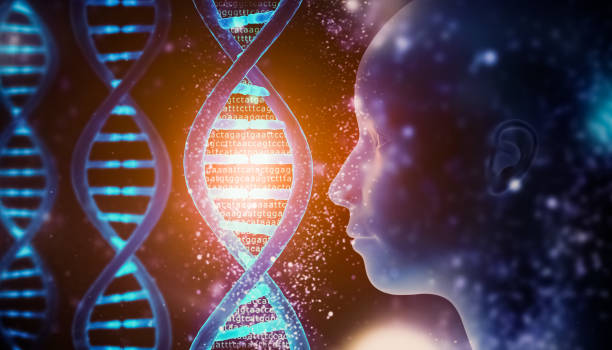 istock Glowing and shining DNA strands double helix close-up with genome code and human head profile Medical, biology, microbiology, genetics 3D rendering illustration concept. Artist vision. 1197645127