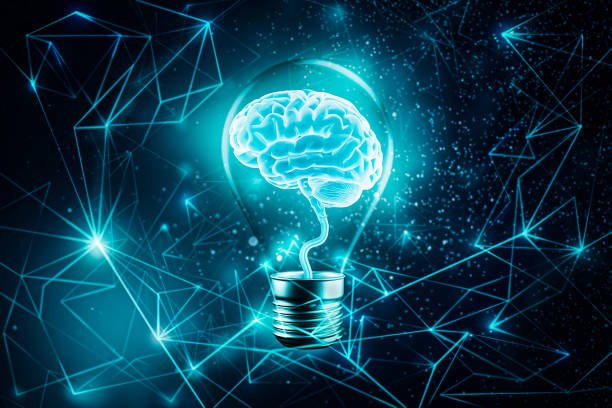 istock Glowing brain in a light bulb. Futuristic Plexus lines network background. Imagination, knowledge, cognition, learning, idea concepts 3d rendering illustration. Mixed media. Artistic vision. 1197645197