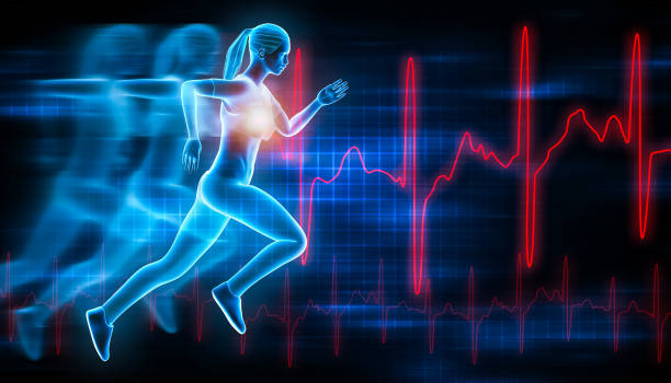 スポーツウーマンやスポーティな女性は、未来的なホログラム効果とekg曲線で速く走っています。スポーツ、実行、健康、フィットネス、ワークアウト、医療、科学、3dレンダリングイラス� - バイオメカニクス ストックフォトと画像
