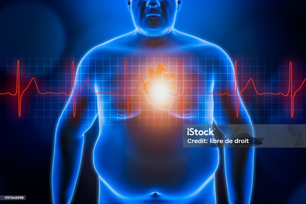 뚱뚱한 또는 뚱뚱한 남자 가슴 몸 심장과 빨간 Ekg 심장 박동 곡선 블루 미래 홀로그램 3d 렌더링 그림입니다 비만 건강 관리 의료  웰빙 심장 질환 개념 과체중에 대한 스톡 사진 및 기타