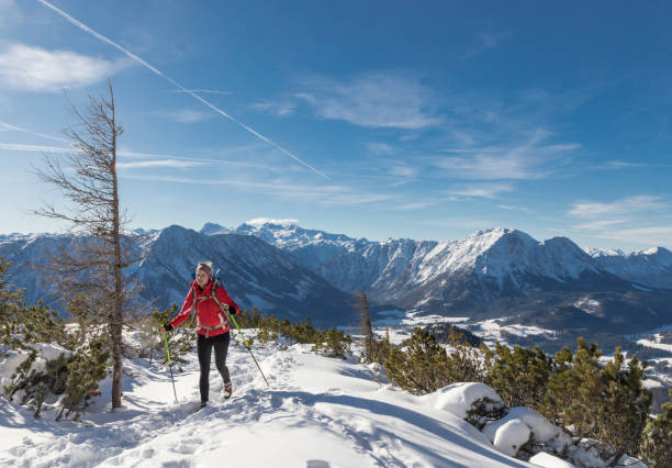 オーストリアのダクシュタイン山脈を背景に、近くのアルトハウス湖周辺で冬のハイキングを楽しめます。 - extreme terrain powder snow winter snow ストックフォトと画像
