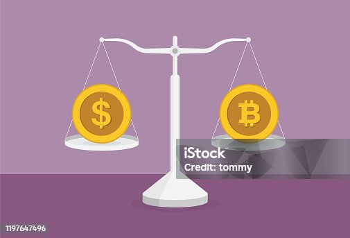 istock US dollar coin and cryptocurrency coin on the scale 1197647496