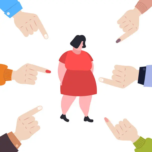 Vector illustration of depressed overweight woman being bullied surrounded by fingers pointing on upset fat female character peer violence victim of bullying mocking public disapproval concept full length