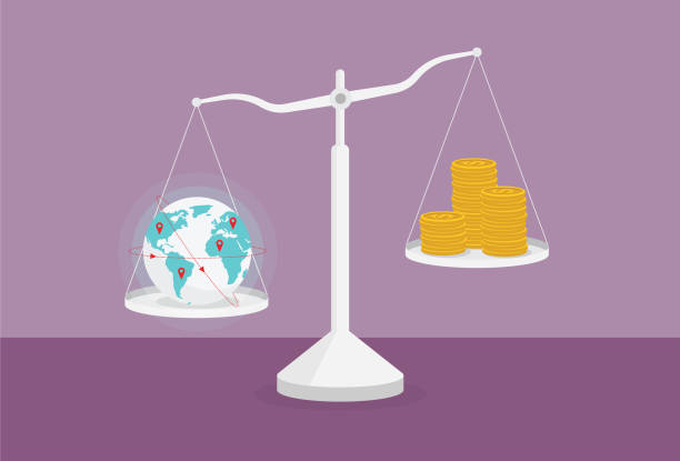 global und ein stapel von münze auf der skala - weight scale currency globe earth stock-grafiken, -clipart, -cartoons und -symbole