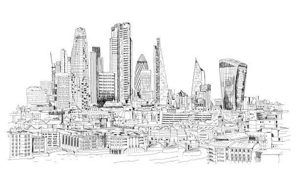 blick auf das geschäftsgebiet der stadt london im jahr 2020. finanzdistrikt und themse. - london england illustrations stock-grafiken, -clipart, -cartoons und -symbole