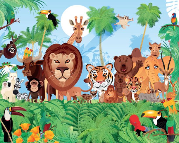 tropischer wald und niedliche tiere - cartoon monkey animal tree stock-grafiken, -clipart, -cartoons und -symbole