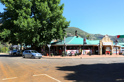 Shops, stalls, art galleries and restaurants in Clarens in the Orange Free State in South Africa on a sunny day