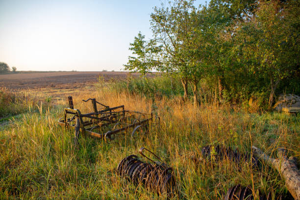 istock Rusting landscape machines in the grass and wheat 1197651508