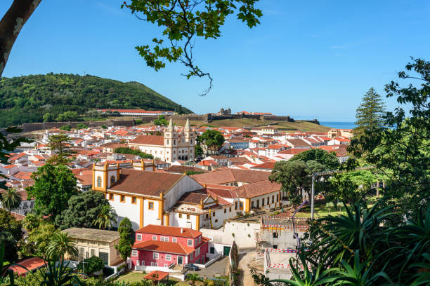 cityscape of angra do heroismo aerial view of the city of angra do heroismo from the Miradouro da Serreta , azores portugal terceira azores stock pictures, royalty-free photos & images