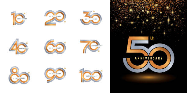 illustrations, cliparts, dessins animés et icônes de ensemble de conception de logotype d'anniversaire, célébrant le logo d'anniversaire argent et or de ligne - number anniversary gold celebration