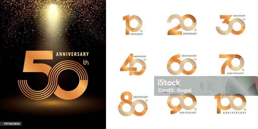 Satz von Jahrestag Logo-Design, Feiern Jahrestag Logo mehrere Linie Silber und golden - Lizenzfrei Jahrestag Vektorgrafik
