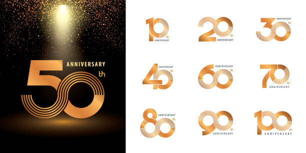 ilustraciones, imágenes clip art, dibujos animados e iconos de stock de conjunto de diseño logotipo de aniversario, celebración de logotipo de aniversario de múltiples líneas de plata y oro - aniversario
