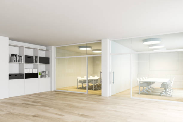 istock White and yellow meeting rooms in modern office 1197654211