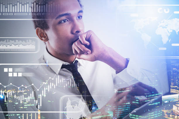 istock Pensive African businessman, infographic interface 1197654273