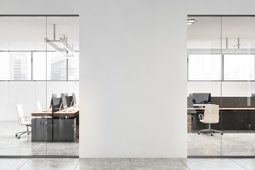 Interior of stylish office with white walls, concrete floor, wooden computer tables and mock up wall in the hall. 3d rendering