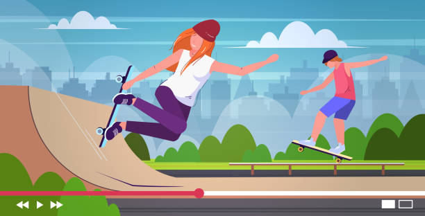 illustrazioni stock, clip art, cartoni animati e icone di tendenza di blogger pattinatori che eseguono trucchi nello skate board park registrando video uomo donna vlogger a cavallo skateboard live streaming blog concetto paesaggio sfondo orizzontale a figura intera - skateboard park