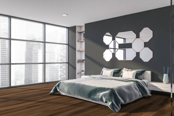 istock Gray master bedroom corner with mirrors 1197656704
