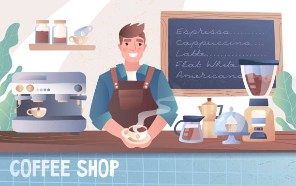 ilustraciones, imágenes clip art, dibujos animados e iconos de stock de barista feliz sonriendo en una cafetería - espresso coffee cream coffee shop