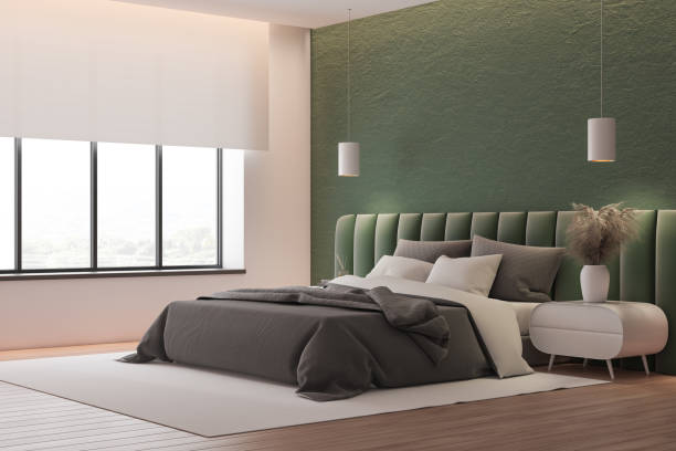 istock Green and pink master bedroom corner 1197657942