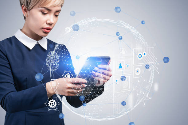 istock Business woman with tablet, global network 1197658080