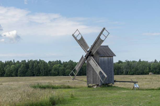 istock Grain mill on the summer landscape. Windmill and natural background pattern. Hiiumaa, small island in Estonia. Europe 1197658114