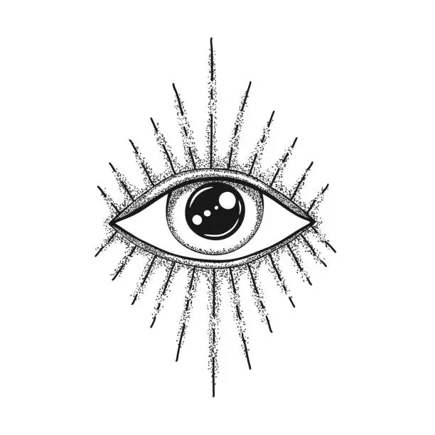 Vector illustration of The Eye of Providence. Masonic symbol. All seeing eye in with divergent rays. Black tattoo.