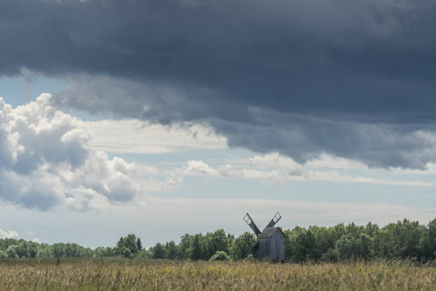 mulino a grani sul paesaggio estivo. mulino a vento e motivo di sfondo naturale. hiiumaa, piccola isola dell ' estonia. europa - hiiumaa foto e immagini stock