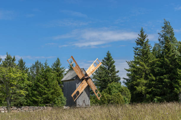istock Grain mill on the summer landscape. Windmill and natural background pattern. Hiiumaa, small island in Estonia. Europe 1197658447