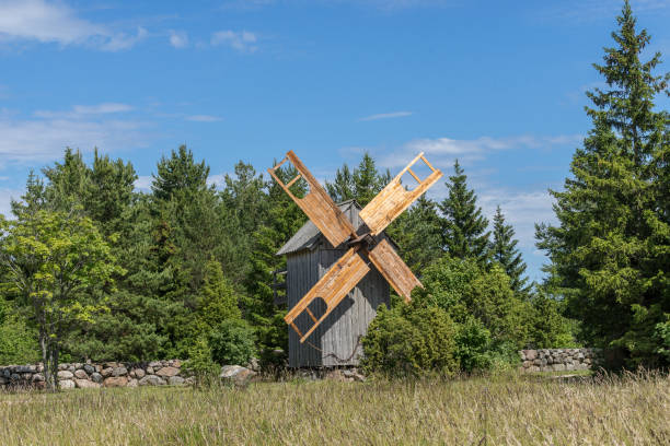 istock Grain mill on the summer landscape. Windmill and natural background pattern. Hiiumaa, small island in Estonia. Europe 1197658451