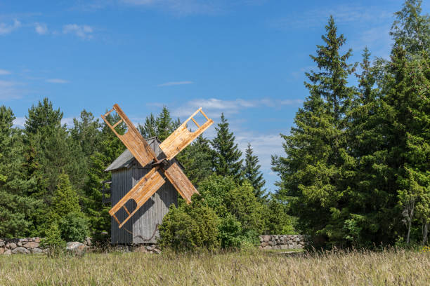 istock Grain mill on the summer landscape. Windmill and natural background pattern. Hiiumaa, small island in Estonia. Europe 1197659069