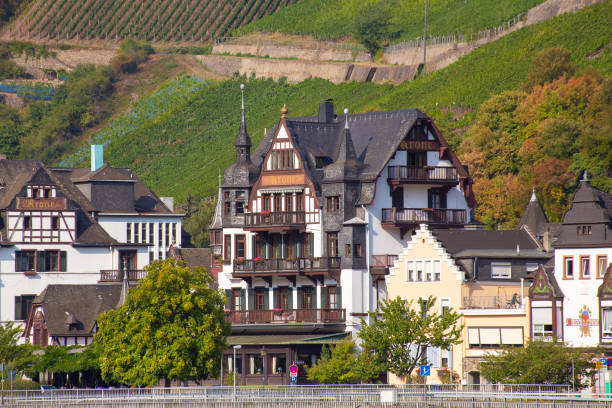 Braubach, Germany August 2021: detailed view of the city of Braubach with the picturesque half-timbered houses