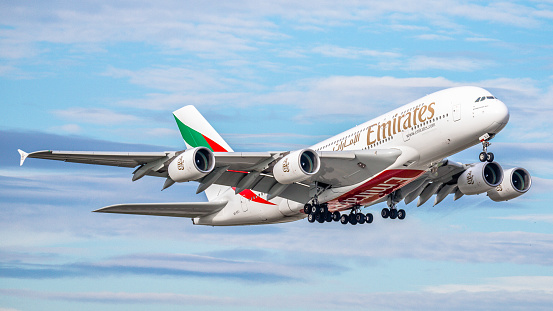 Zurich, Switzerland - October 17, 2019: An Emirates Airbus A380-861 takes off from Zurich Airport. The Airbus A380 with registration A6-EEJ has been in service for the airline of the United Arab Emirates since September 2013.