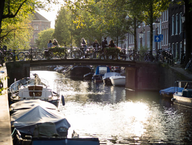 scène tranquille de soirée de canal d'amsterdam - tranquill scene photos et images de collection