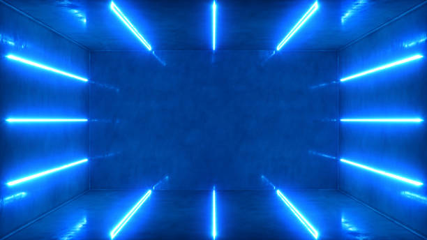 istock Abstract blue interior or corridor with neon light. Fluorescent lamp. Futuristic architecture background. 3d illustration of neon lamps that illuminate interior space. Mock-up for your design project 1197663564