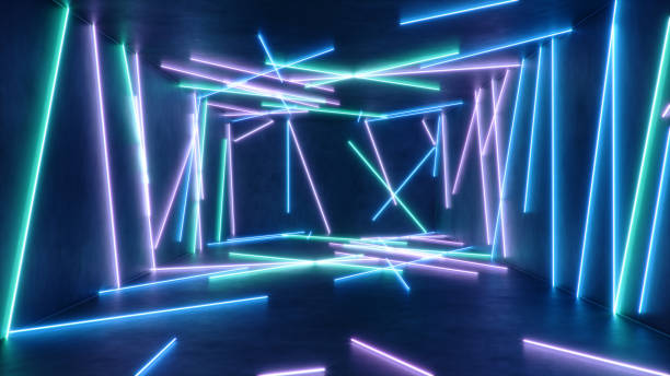 istock Abstract interior with blue and pink neon light. Fluorescent lamp. Futuristic architecture background. 3d illustration neon lamps, illuminate interior space. Mock-up for your design project 1197663618