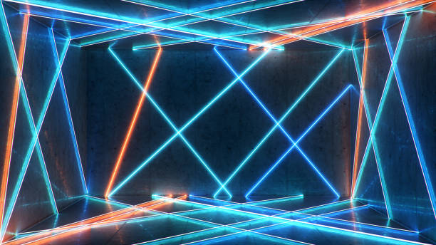 istock Abstract blue and red interior with neon light. Fluorescent lamp. Futuristic architecture background. 3d illustration of neon lamps that illuminate interior space. Mock-up for your design project 1197663630