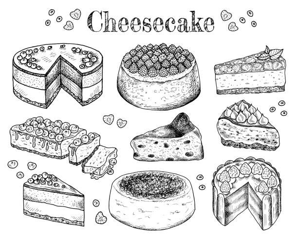 Vector illustration Vector illustration of hand drawn sketch cheesecakes. Food, tasty dessert, slice, piece, cake with cheese. Cheesecake with berries and fruits. Doodle sweet bakery products. Vintage background. Menu. ice pie stock illustrations