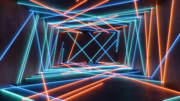 istock Abstract blue and red interior with neon light. Fluorescent lamp. Futuristic architecture background. 3d illustration of neon lamps that illuminate interior space. Mock-up for your design project 1197663773