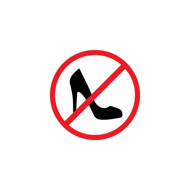 ilustrações de stock, clip art, desenhos animados e ícones de black female shoe with high heel in red crossed circle. forbidden, unallowed slipper with spike heel. - stiletto pump shoe shoe high heels