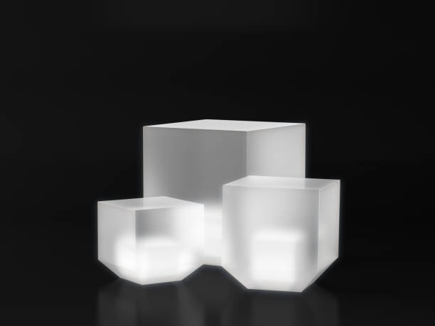 istock White pedestal with white light glow on dark background, blank product stand. 3D rendering. 1197666057