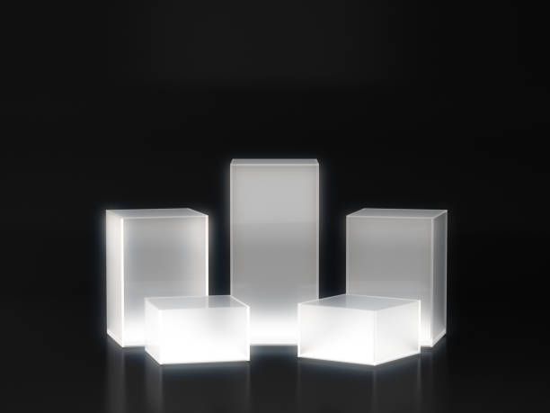istock White pedestal with white light glow on dark background, blank product stand. 3D rendering. 1197666118