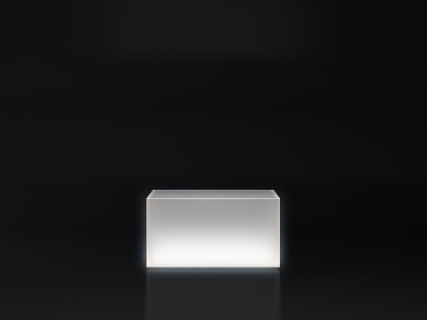 White pedestal with white light glow on dark background, blank product stand. 3D rendering.