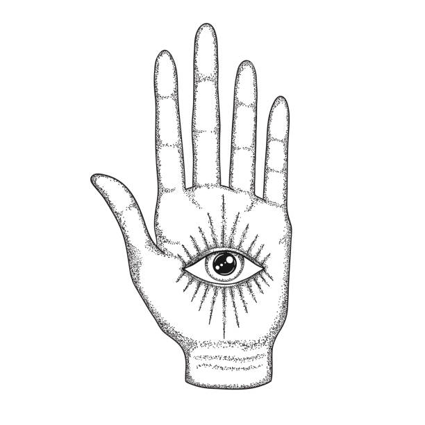 ilustrações de stock, clip art, desenhos animados e ícones de palm with the eye of providence. masonic symbol. all seeing eye with divergent rays on palm. black tattoo. a symbol of the occult, magic, astrology, religion, spiritualism. - an all seeing eye