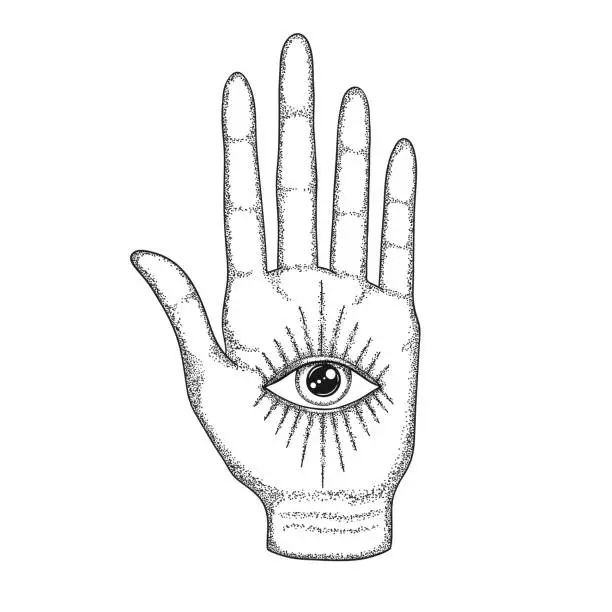 Vector illustration of Palm with the Eye of Providence. Masonic symbol. All seeing eye with divergent rays on palm. Black tattoo. A symbol of the occult, magic, astrology, religion, spiritualism.